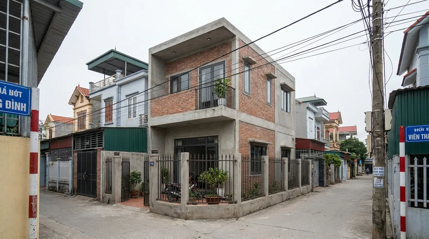 Căn nhà hai tầng mới xây trong khu dân cư với sân trước và hàng rào thấp