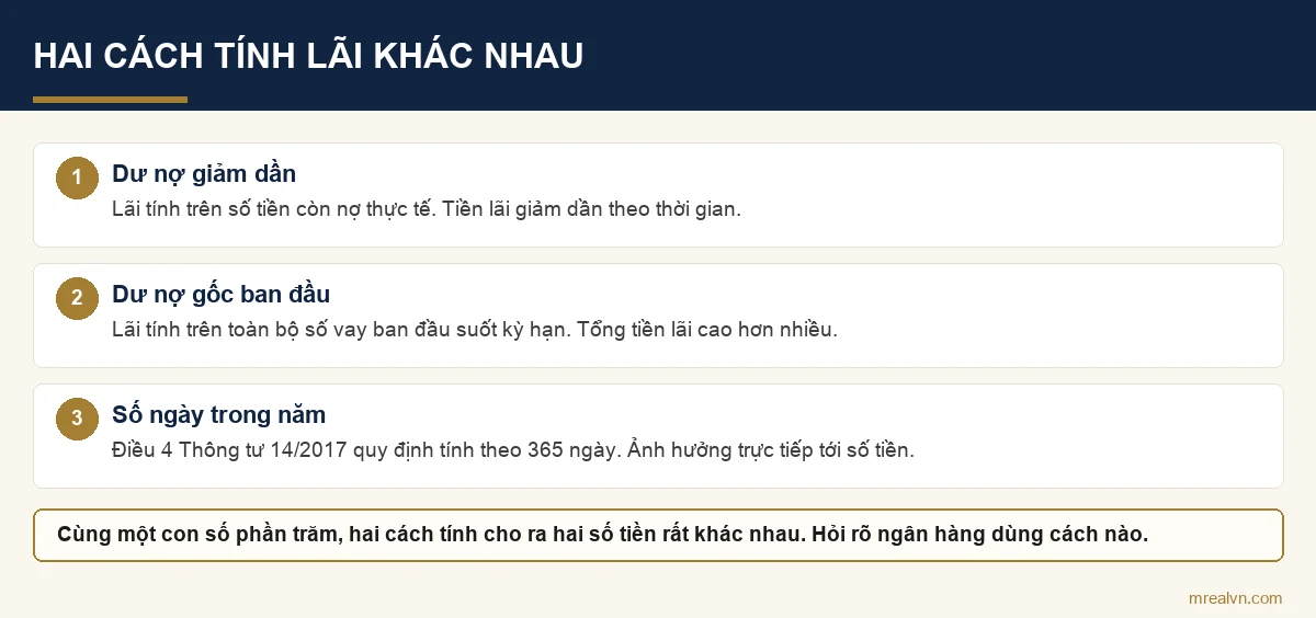 Sơ đồ so sánh cách tính lãi dư nợ giảm dần và dư nợ gốc