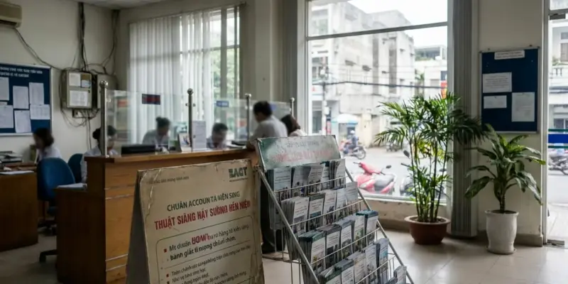 Kệ tờ rơi và biển quảng cáo trong sảnh phòng giao dịch ngân hàng