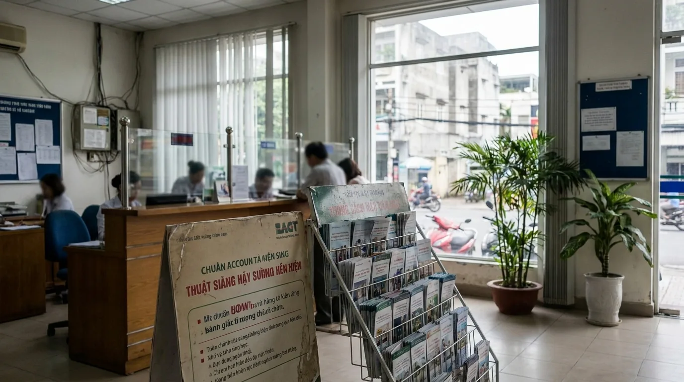 Kệ tờ rơi và biển quảng cáo trong sảnh phòng giao dịch ngân hàng