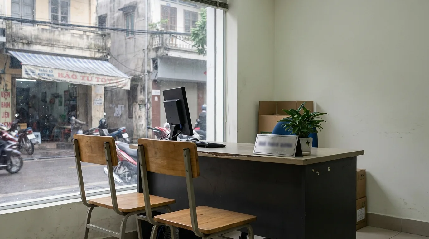 Bàn tư vấn tại ngân hàng với hai ghế ngồi và màn hình máy tính