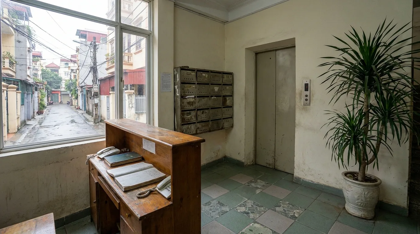 Sảnh chung cư với quầy lễ tân, hộp thư và cửa thang máy