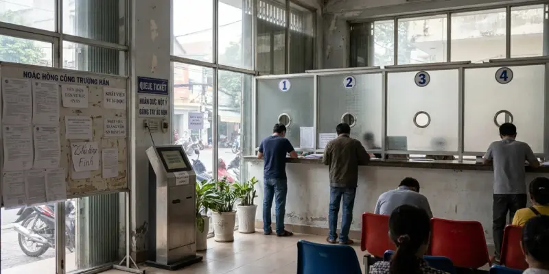Khu vực quầy giao dịch tại cơ quan thuế với các ô cửa đánh số và máy lấy số