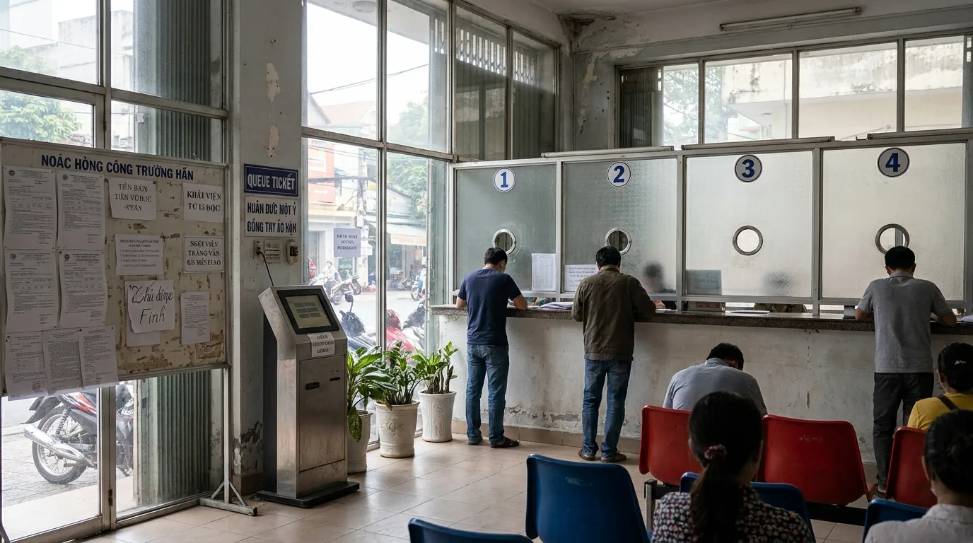 Khu vực quầy giao dịch tại cơ quan thuế với các ô cửa đánh số và máy lấy số