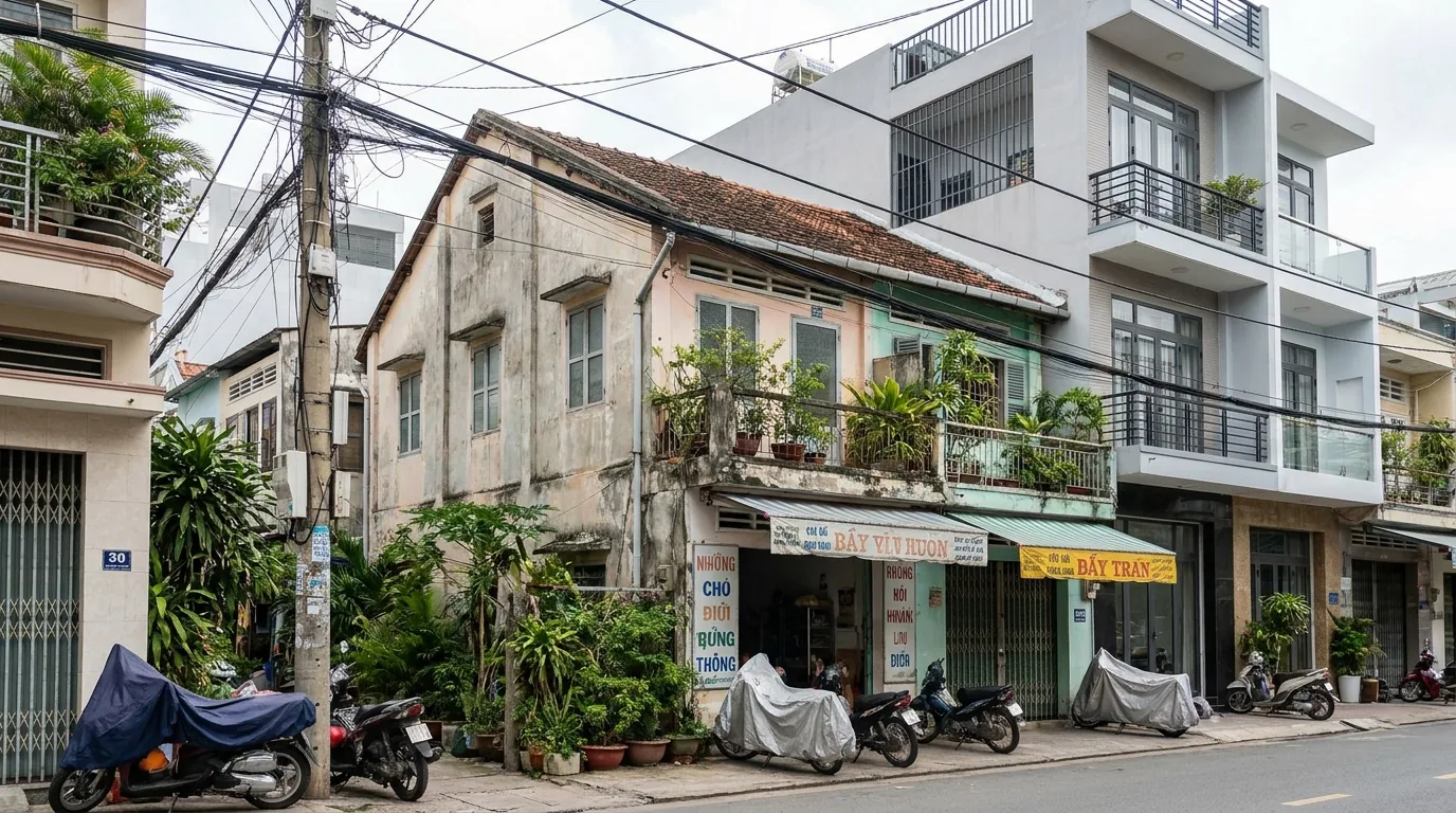 Dãy phố có nhà cũ và nhà mới xây xen kẽ nhau trong khu dân cư