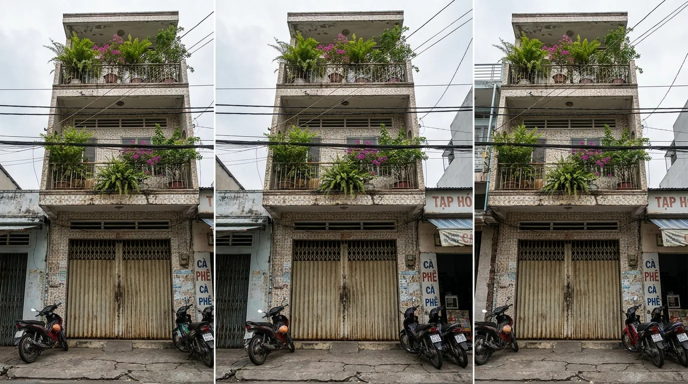 Căn nhà phố ba tầng mặt tiền hẹp với cổng sắt và ban công có cây cảnh