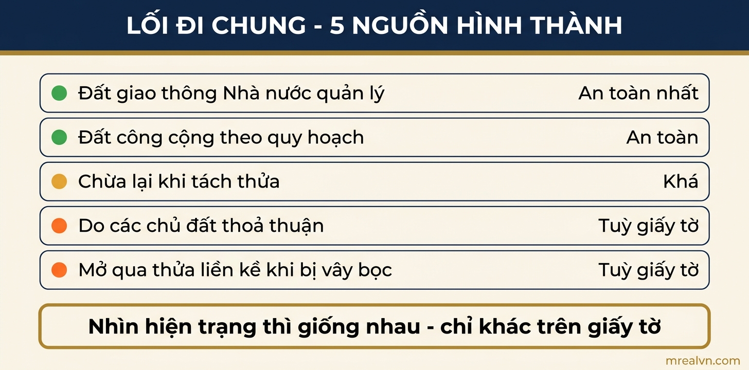Sơ đồ năm nguồn hình thành lối đi chung và mức an toàn pháp lý của từng nguồn