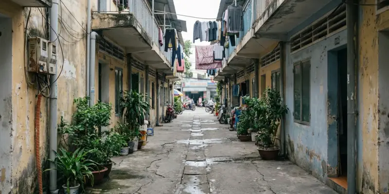 Hẻm bê tông giữa hai dãy nhà trong khu dân cư Việt Nam dẫn ra đường lớn