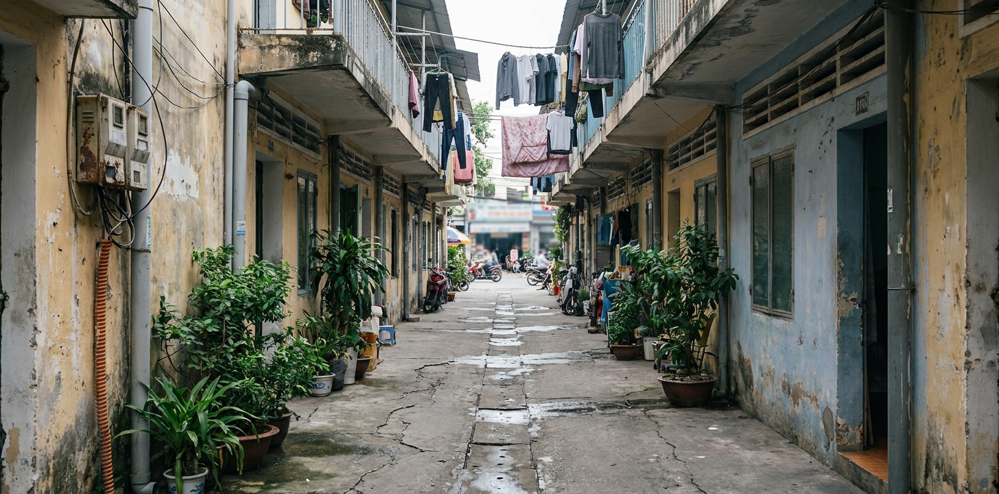 Hẻm bê tông giữa hai dãy nhà trong khu dân cư Việt Nam dẫn ra đường lớn