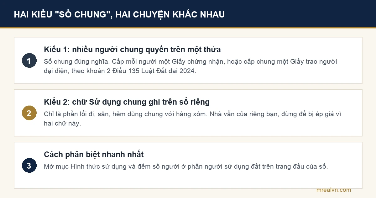 Sơ đồ phân biệt hai kiểu sổ chung: đồng sở hữu nhiều người và chữ sử dụng chung trên sổ