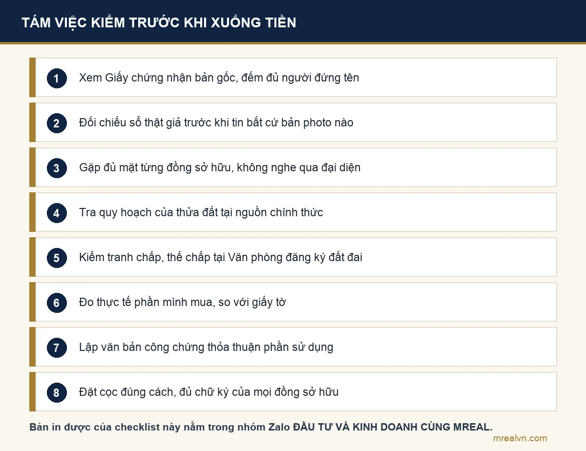 Sơ đồ tám việc phải kiểm tra trước khi xuống tiền mua nhà sổ chung