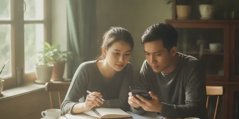 Cặp vợ chồng trẻ ngồi xem giấy tờ và máy tính bỏ túi trên bàn ăn trong căn hộ nhỏ