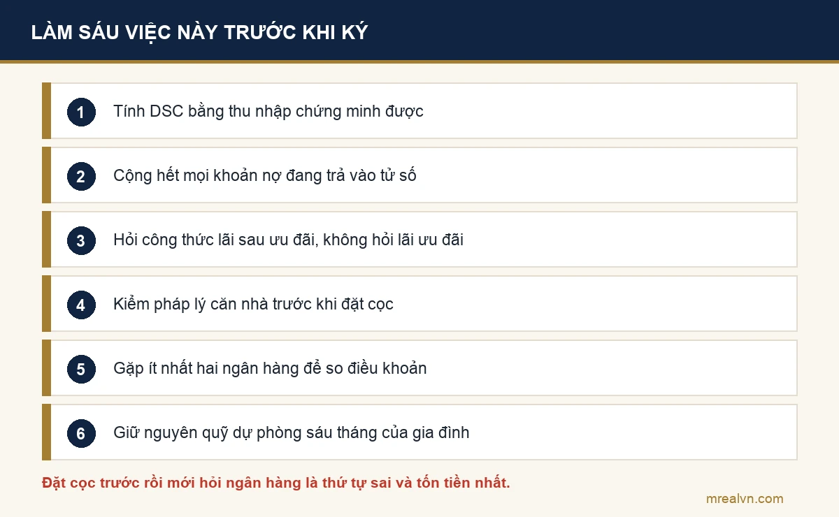 Sơ đồ sáu việc cần làm trước khi ký hợp đồng mua nhà trả góp