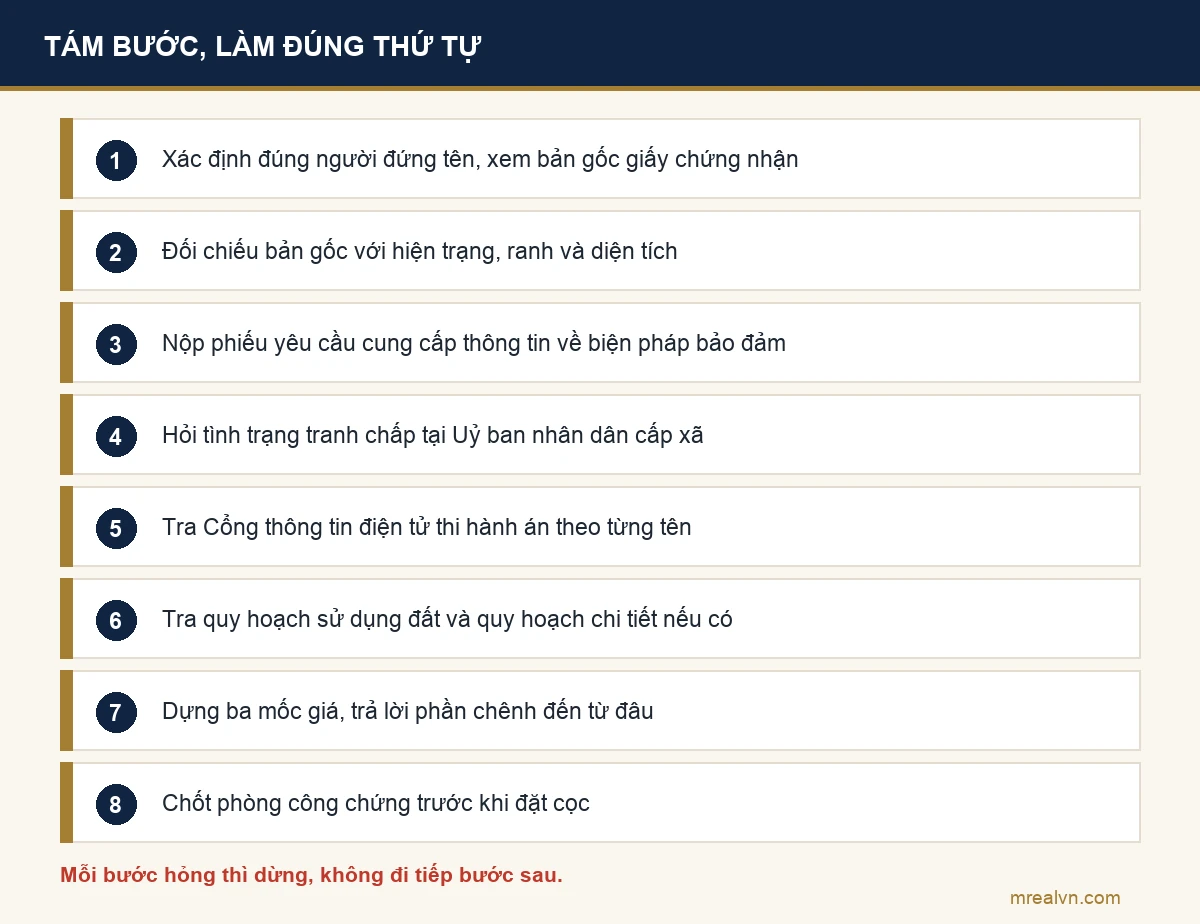 Sơ đồ quy trình tám bước kiểm một căn rao ngộp trước khi đặt cọc