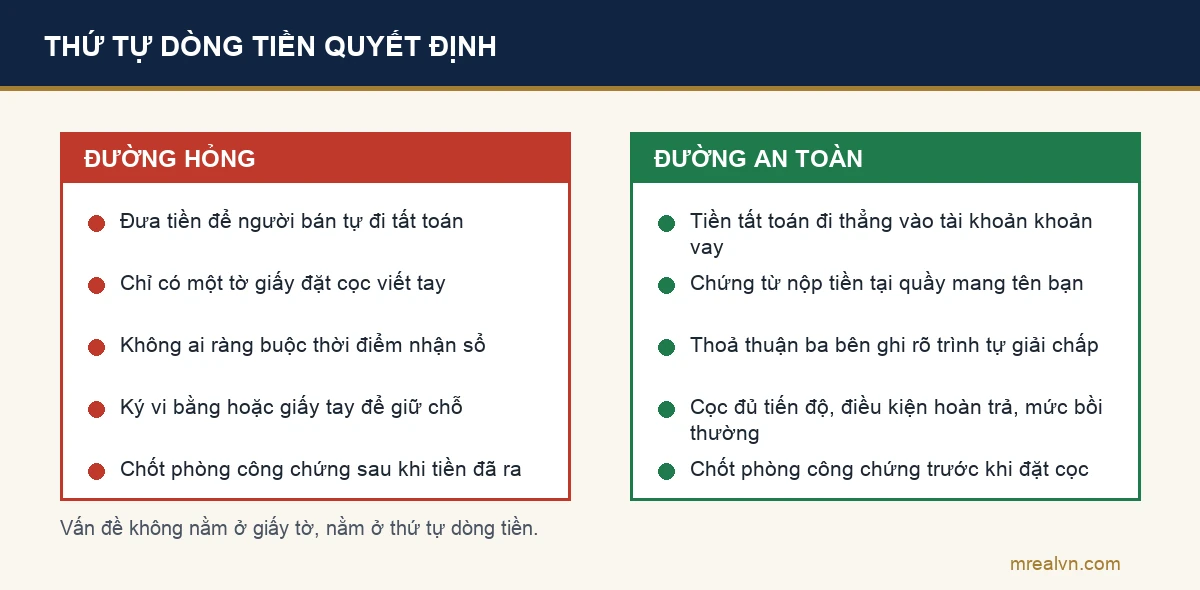 Sơ đồ đối chiếu đường đi của tiền khi mua nhà đang thế chấp, đường hỏng và đường an toàn