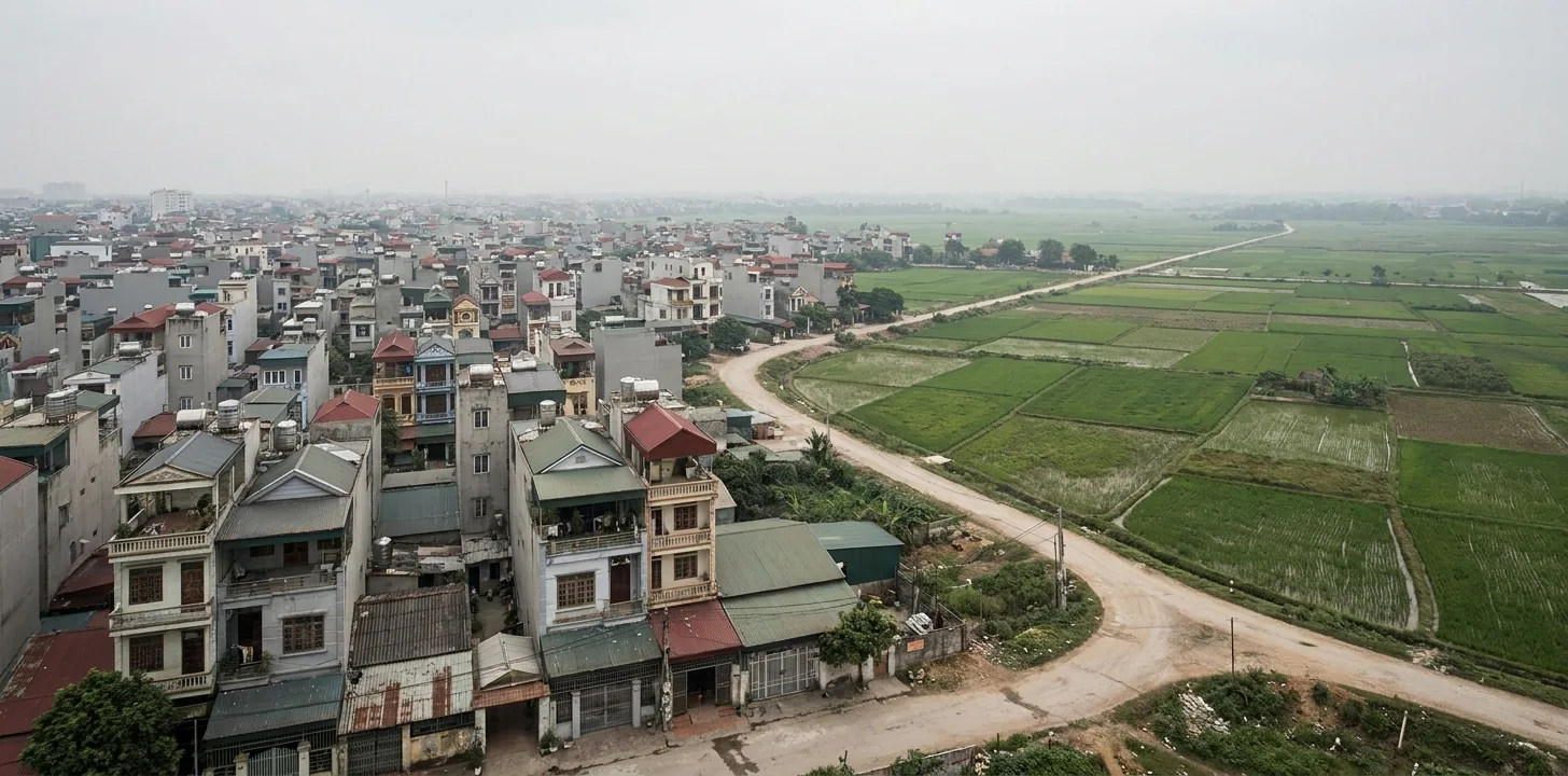 Ranh giới giữa khu dân cư đô thị và ruộng lúa ngoại thành tại Việt Nam