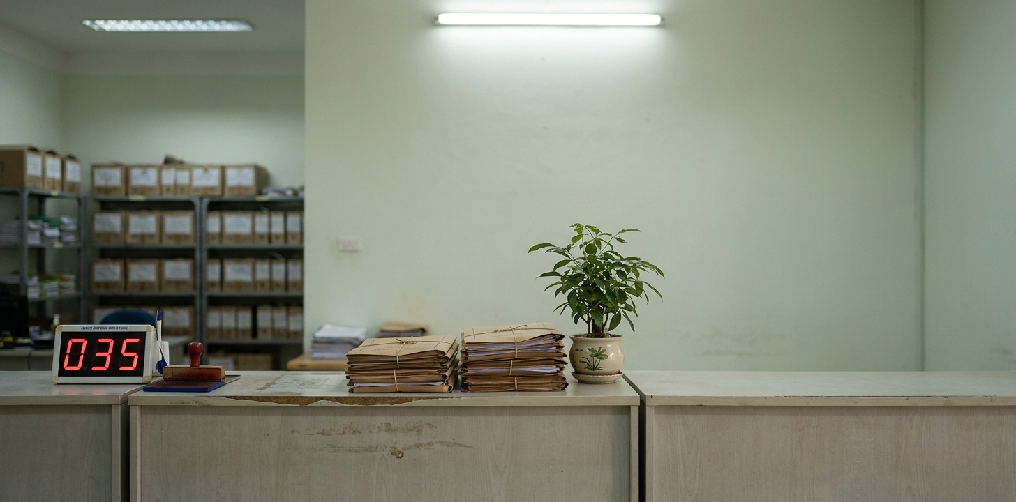 Quầy tiếp nhận hồ sơ tại Văn phòng đăng ký đất đai với các tập hồ sơ giấy