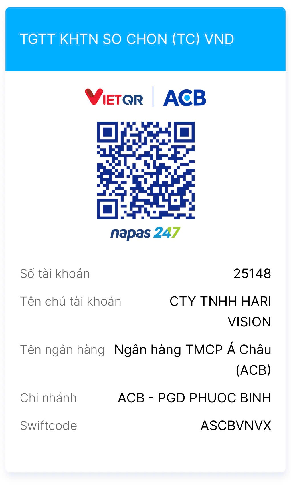 Mã QR chuyển khoản ACB, Công ty TNHH Hari Vision, số tài khoản 25148