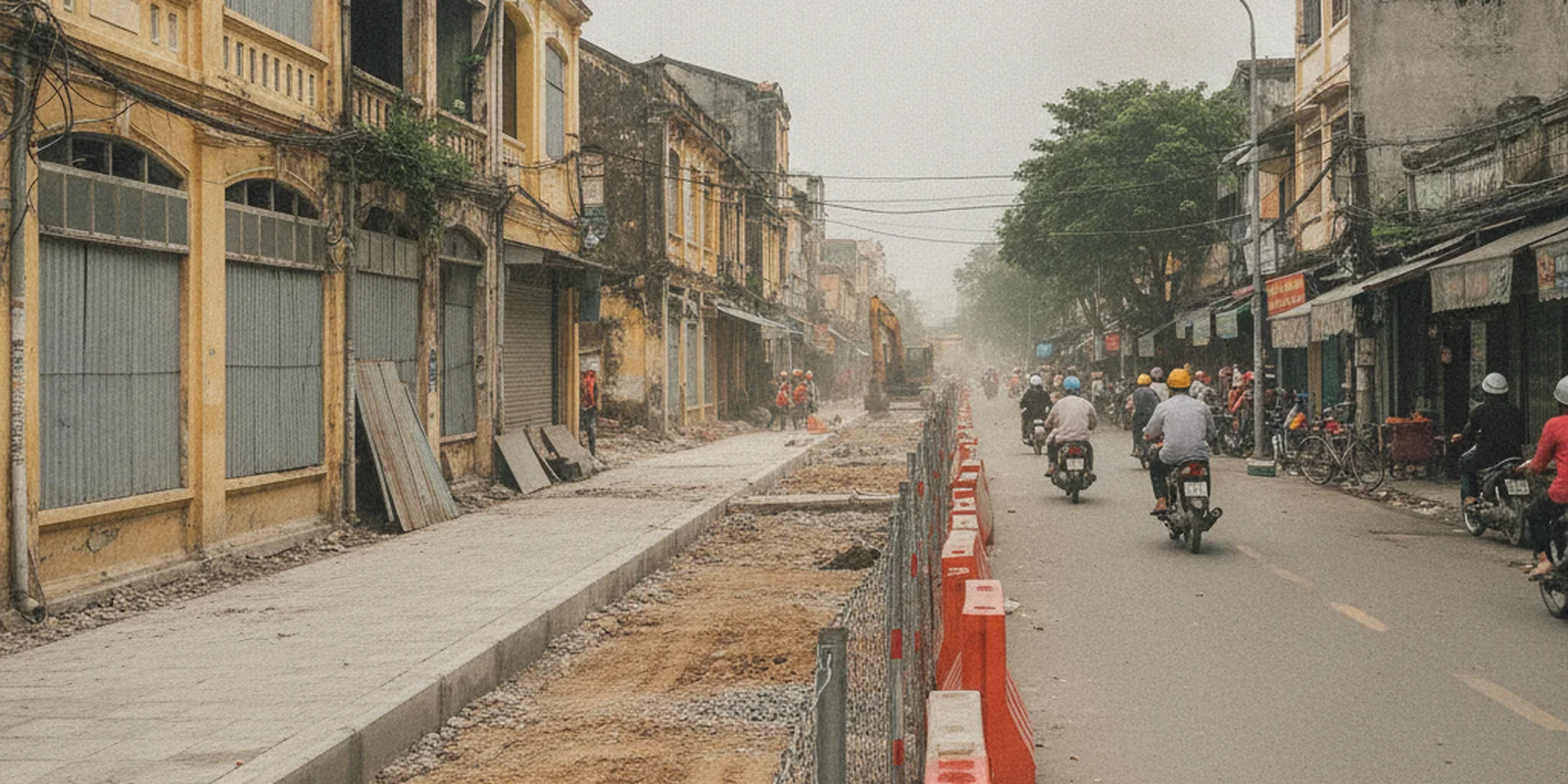 Đường phố đang trong quá trình mở rộng, một bên đã giải phóng mặt bằng có bó vỉa mới, một bên còn nhà cũ