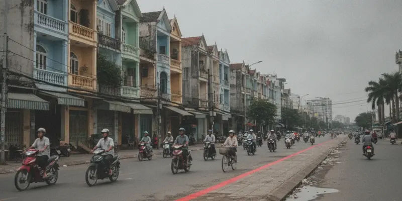 Dãy nhà mặt tiền trên đường phố Việt Nam với vạch sơn đỏ trên vỉa hè đánh dấu lộ giới mở đường