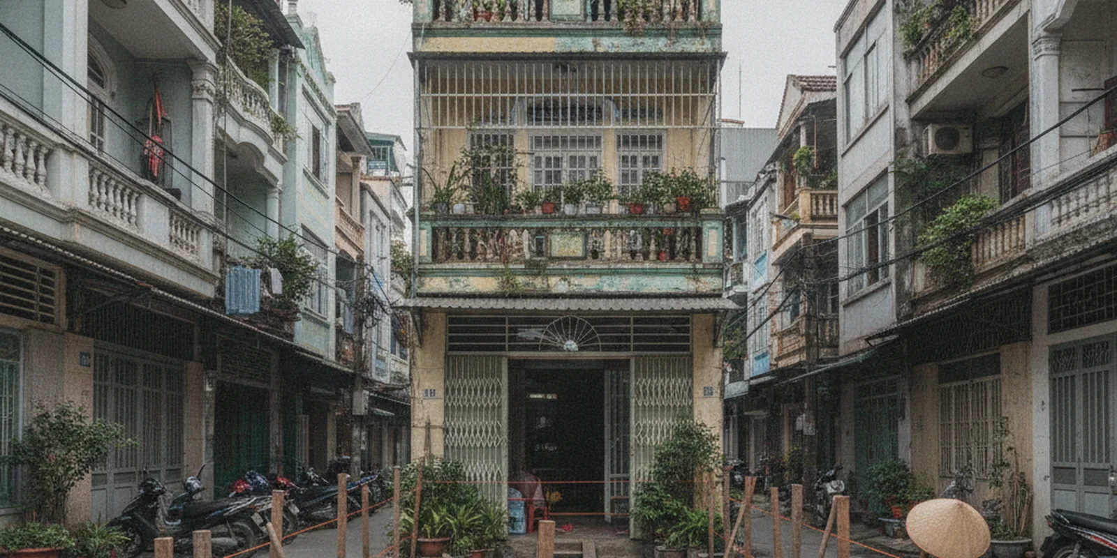 Căn nhà ống có phần sân trước bị cọc mốc và dây căng đánh dấu, phần mặt tiền còn lại rất hẹp