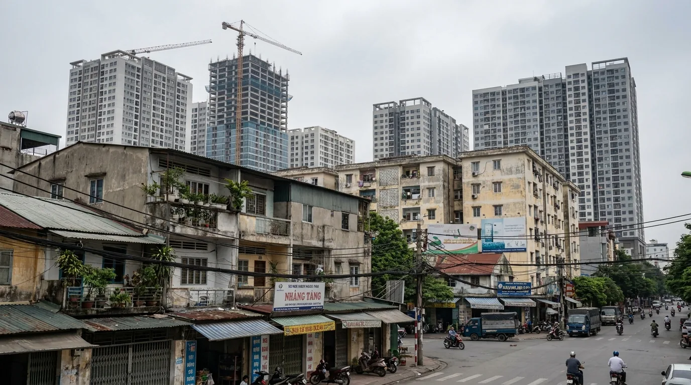 Toàn cảnh khu đô thị có nhiều toà chung cư và cần cẩu công trình phía xa