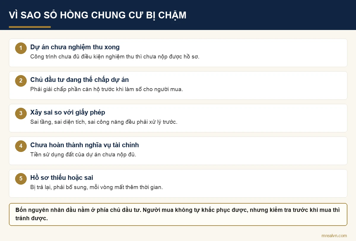 Sơ đồ năm nguyên nhân khiến sổ hồng chung cư bị chậm cấp
