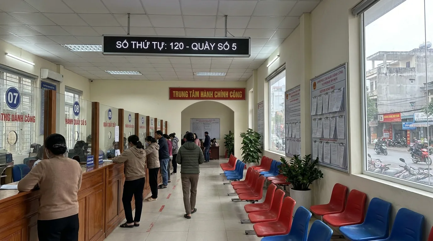 Sảnh trung tâm hành chính công với các quầy đánh số và bảng điện tử xếp hàng