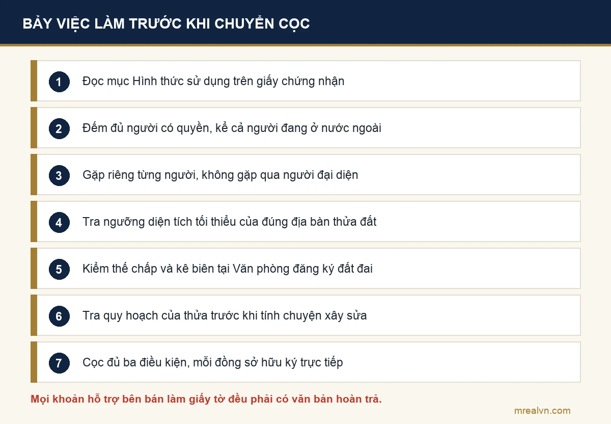 Sơ đồ bảy việc phải làm trước khi đặt cọc mua nhà đất sổ chung