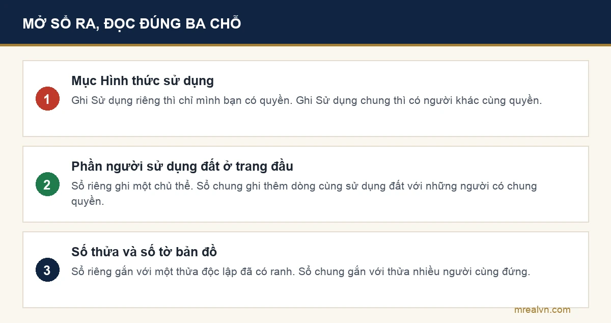 Sơ đồ ba chỗ cần đọc trên giấy chứng nhận để biết sổ riêng hay sổ chung