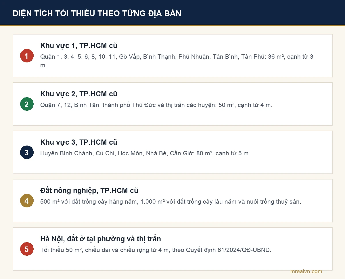 Sơ đồ diện tích tối thiểu tách thửa theo ba khu vực của TP.HCM cũ và mức của Hà Nội