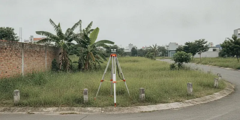 Thửa đất trống có cọc mốc ranh bê tông và máy trắc địa dựng giữa lô, khu vực vùng ven TP.HCM