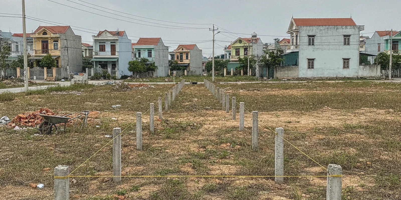 Lô đất rộng ở vùng ven TP.HCM được chia đôi bằng hàng cọc bê tông và dây căng đánh dấu ranh mới