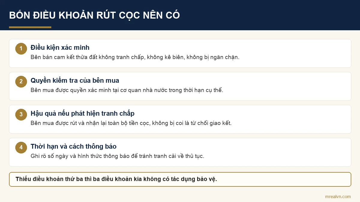 Sơ đồ bốn điều khoản rút cọc cần có trong hợp đồng đặt cọc