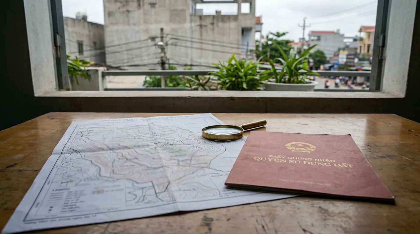 Bản đồ địa chính in ra đặt cạnh cuốn giấy chứng nhận và một chiếc kính lúp trên bàn