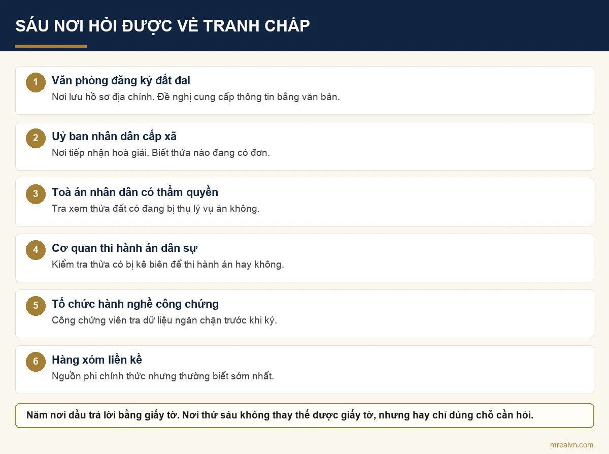 Sơ đồ sáu nơi có thể hỏi để biết thửa đất có đang tranh chấp