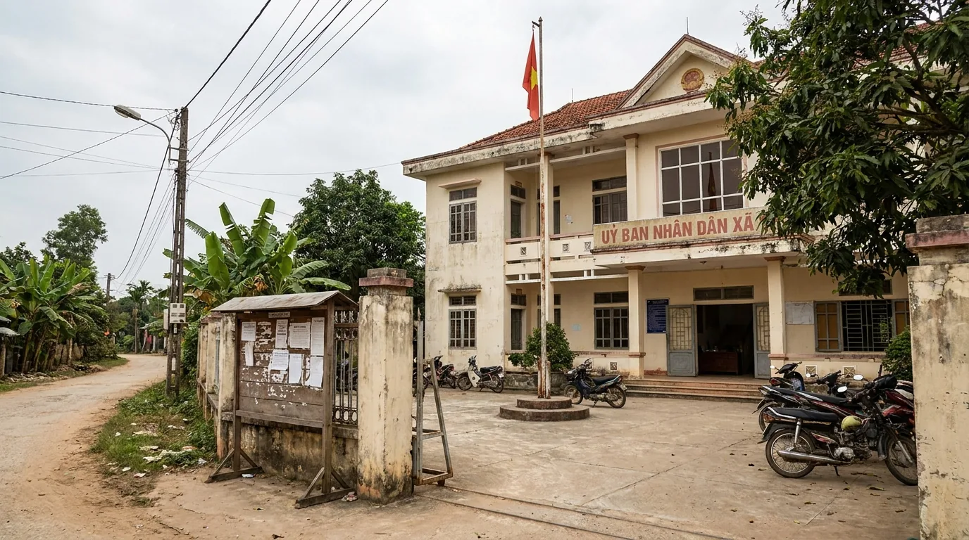 Trụ sở uỷ ban nhân dân cấp xã với cột cờ và bảng thông báo ngoài cổng