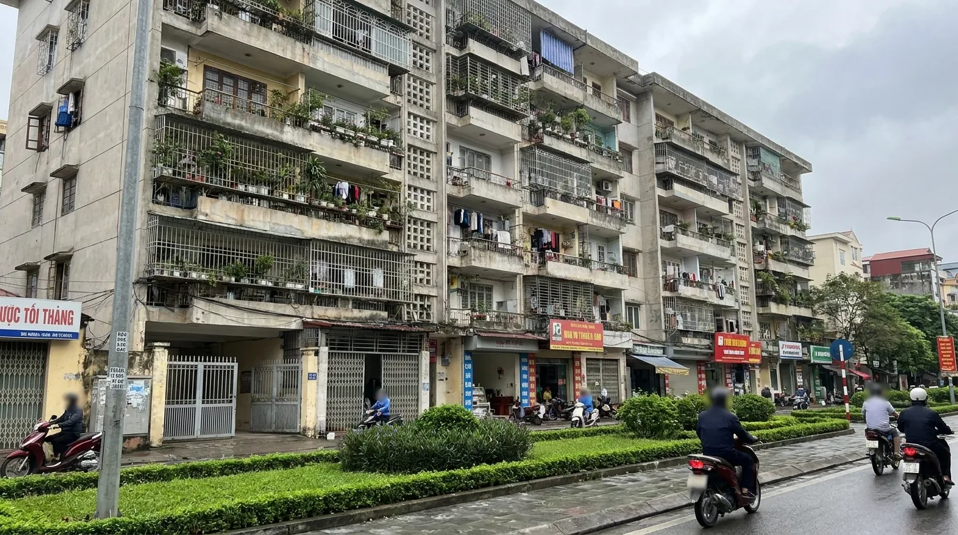Toà nhà căn hộ nhìn từ mặt đường với ban công và lối vào tầng trệt