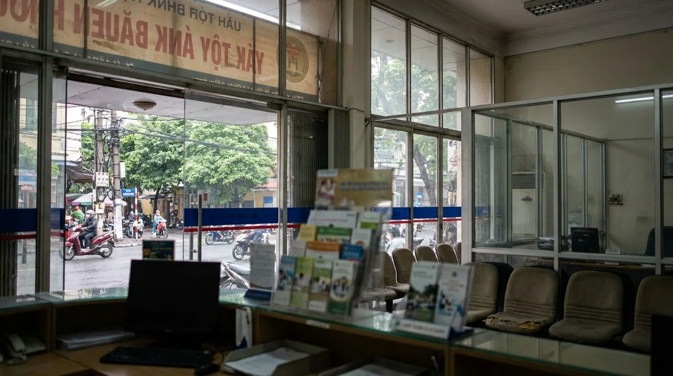 Bên trong phòng giao dịch ngân hàng với bàn tư vấn và khu vực chờ