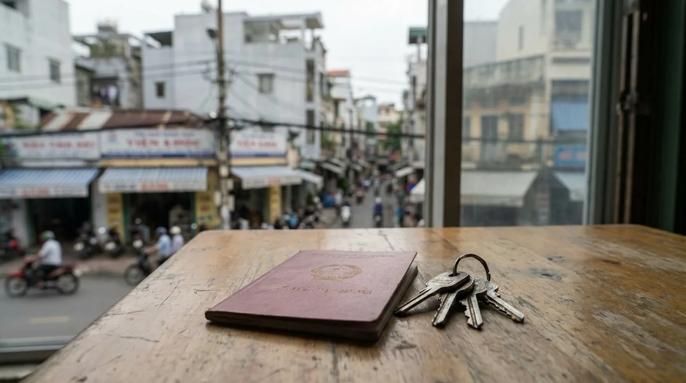 Cuốn giấy chứng nhận quyền sử dụng đất đặt cạnh chùm chìa khoá nhà trên bàn gỗ