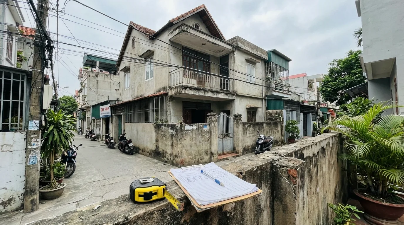 Căn nhà hai tầng nhìn từ đường với thước dây và bảng kẹp giấy đặt trên tường rào