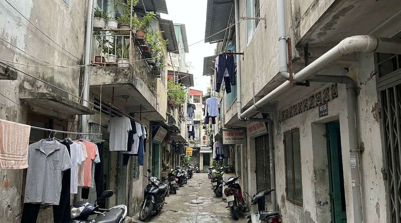 Con hẻm hẹp với các căn nhà xây sát nhau và đường ống nước chung dọc tường