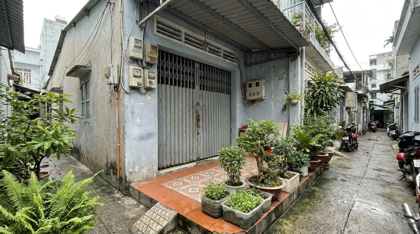 Căn nhà cấp bốn trong hẻm nhỏ tại thành phố với cổng sắt và đồng hồ điện gắn tường