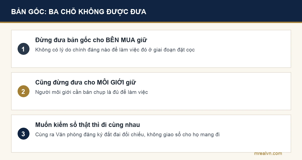 Sơ đồ ba lưu ý về giữ bản gốc giấy chứng nhận khi bán nhà