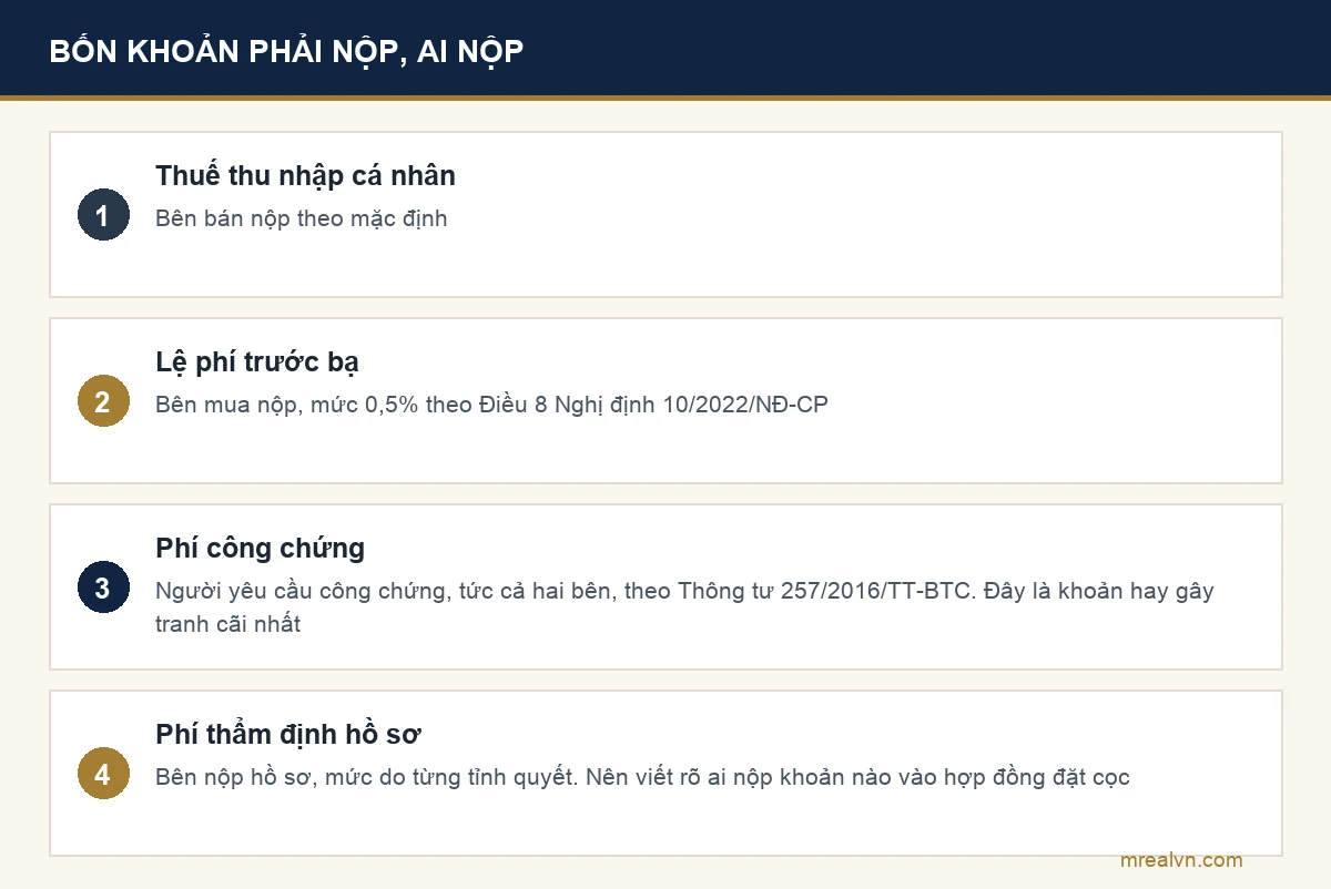 Sơ đồ bốn khoản phải nộp trong một giao dịch chuyển nhượng nhà đất và ai nộp