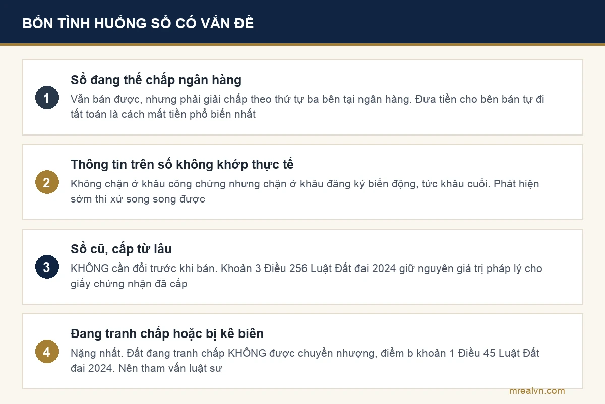 Sơ đồ bốn tình huống giấy chứng nhận có vấn đề khi bán nhà và mức độ khó của từng tình huống