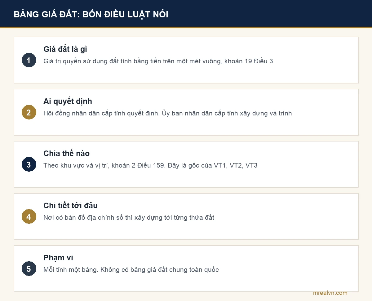 Bốn điều luật quy định về bảng giá đất: định nghĩa giá đất tại khoản 19 Điều 3, thẩm quyền của Hội đồng nhân dân cấp tỉnh, xây dựng theo khu vực và vị trí, mỗi tỉnh một bảng riêng