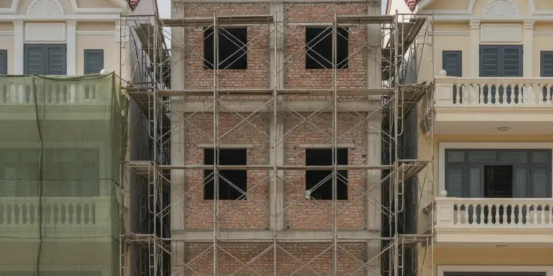 Ảnh bìa bài bỏ giấy phép xây dựng 2026: công trình nhà ở riêng lẻ ba tầng đang xây thô trong khu dân cư Việt Nam, giàn giáo còn dựng quanh nhà