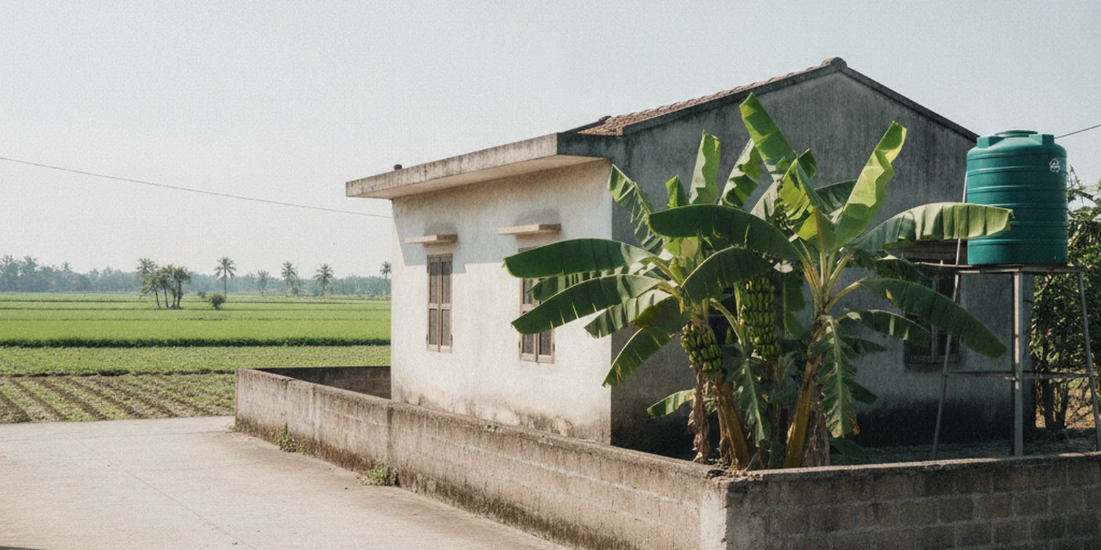 Ảnh một ngôi nhà mái bằng thấp tầng ở khu dân cư nông thôn Việt Nam, kiểu nhà thường thuộc diện được miễn giấy phép xây dựng