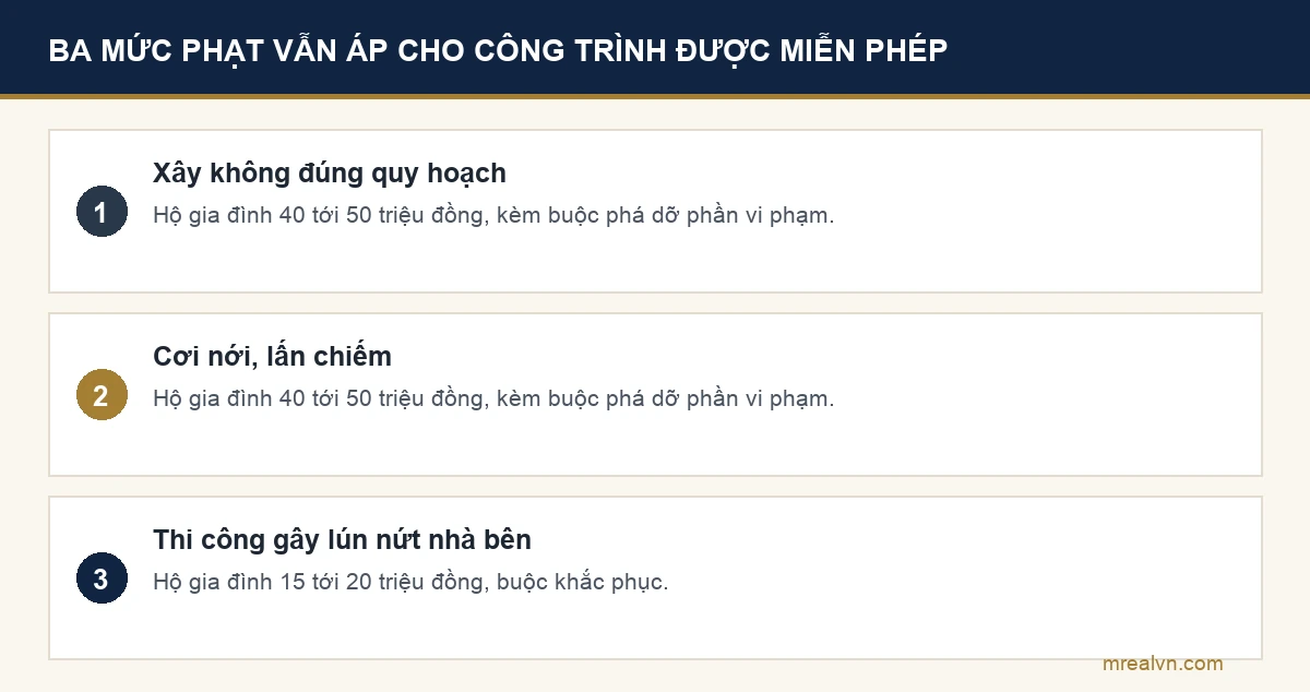 Ba dòng nêu mức phạt áp cho hộ gia đình khi xây sai quy hoạch, cơi nới lấn chiếm, và thi công gây lún nứt công trình lân cận, kèm biện pháp buộc phá dỡ